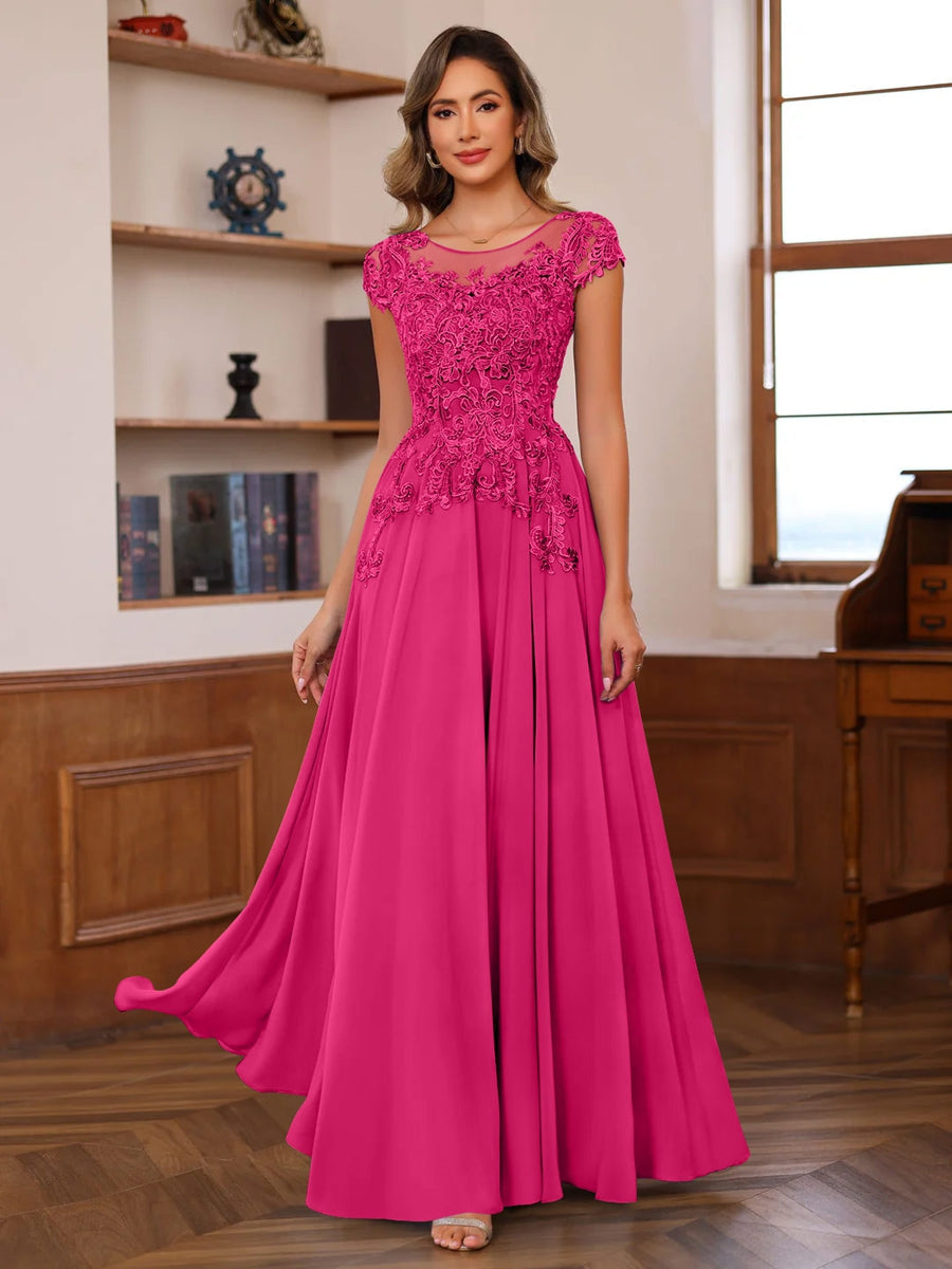 A Line Princess Scoop Neck Short Sleeves Floor Length Mother Of The Bride Dresses With Appliques