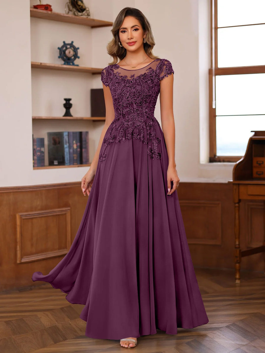 A Line Princess Scoop Neck Short Sleeves Floor Length Mother Of The Bride Dresses With Appliques