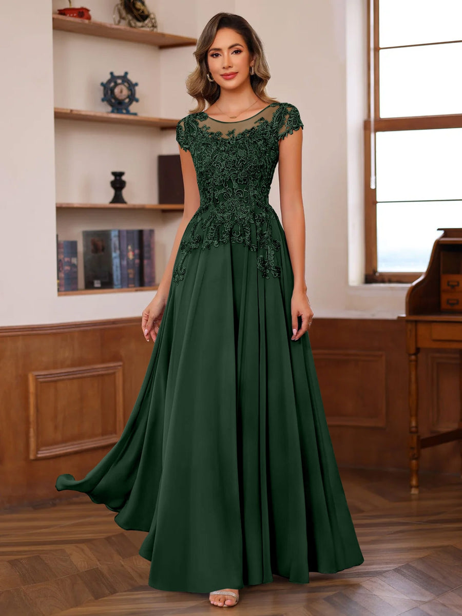 A Line Princess Scoop Neck Short Sleeves Floor Length Mother Of The Bride Dresses With Appliques