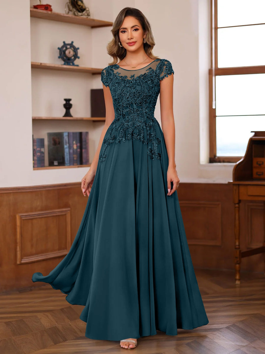 A Line Princess Scoop Neck Short Sleeves Floor Length Mother Of The Bride Dresses With Appliques
