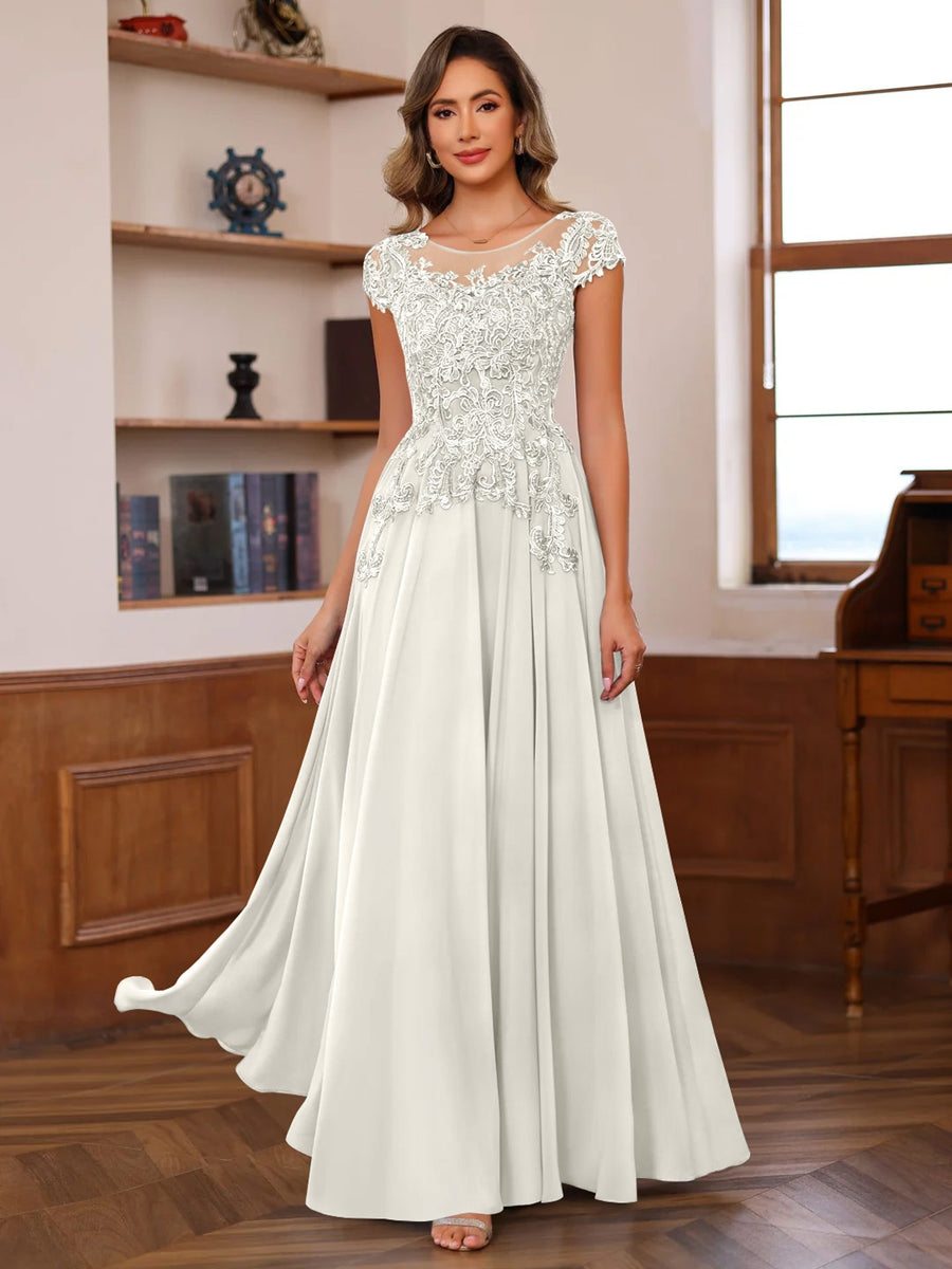 A Line Princess Scoop Neck Short Sleeves Floor Length Mother Of The Bride Dresses With Appliques