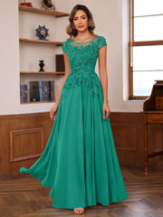 A Line Princess Scoop Neck Short Sleeves Floor Length Mother Of The Bride Dresses With Appliques