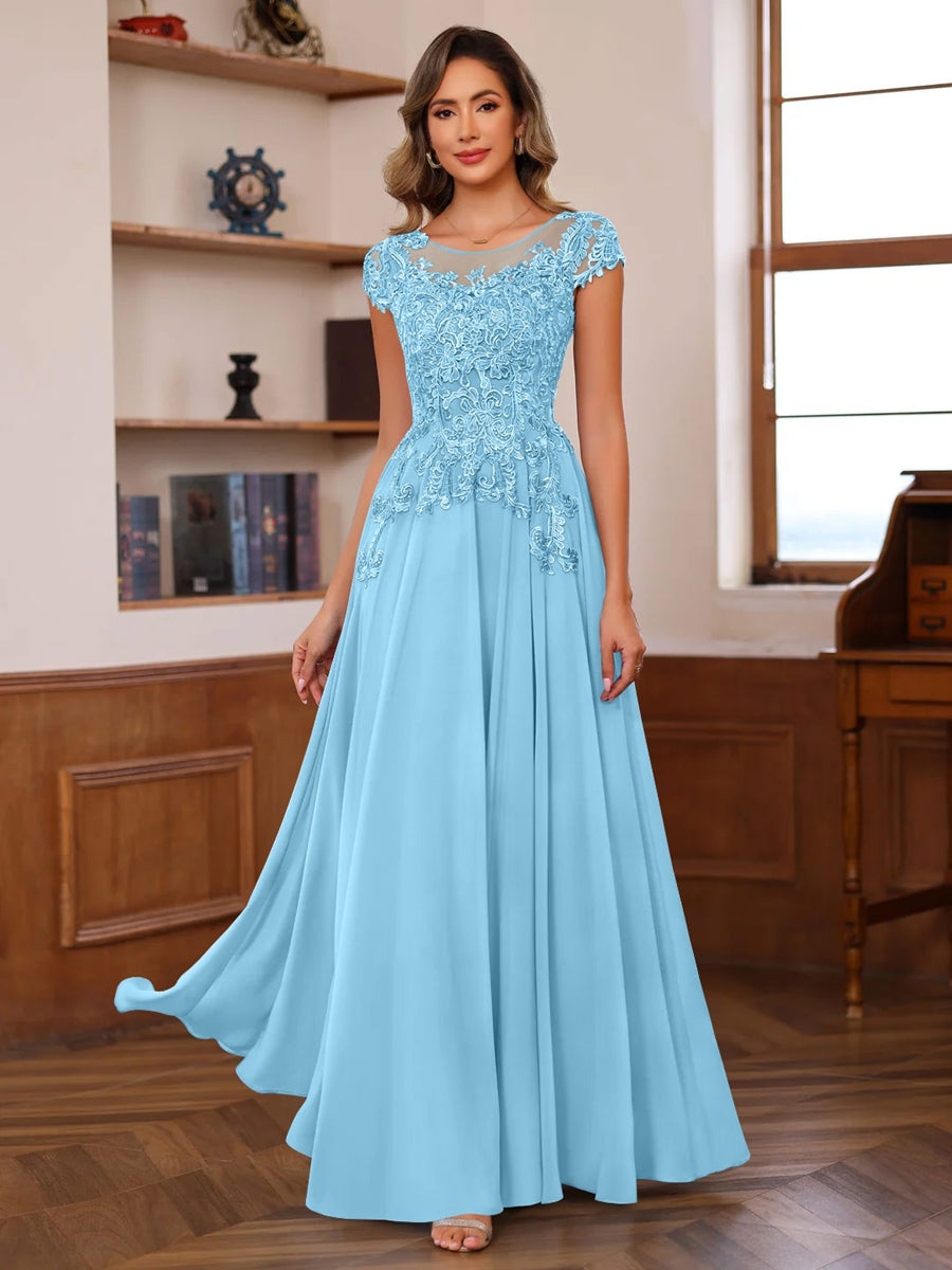 A Line Princess Scoop Neck Short Sleeves Floor Length Mother Of The Bride Dresses With Appliques