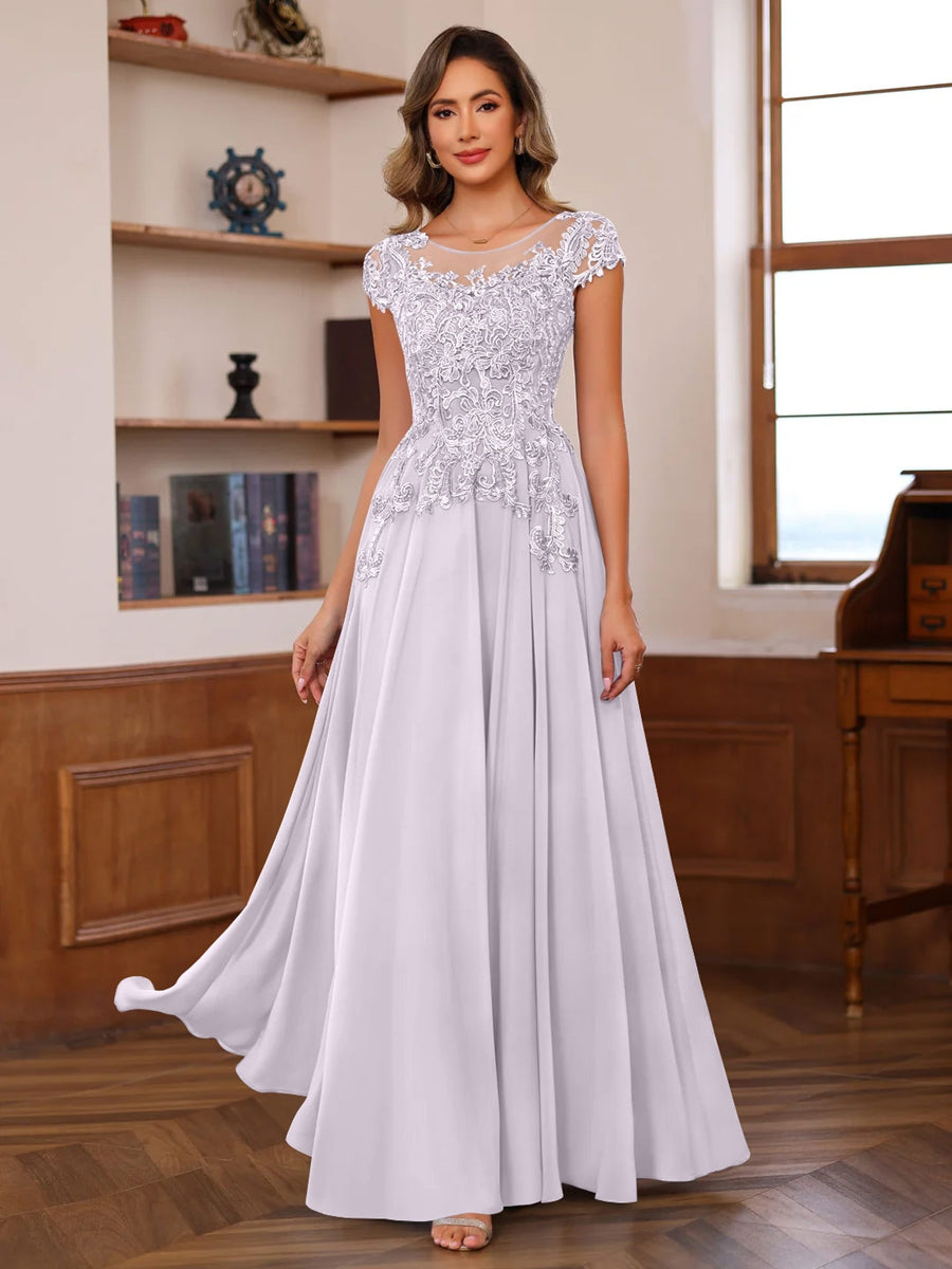 A Line Princess Scoop Neck Short Sleeves Floor Length Mother Of The Bride Dresses With Appliques