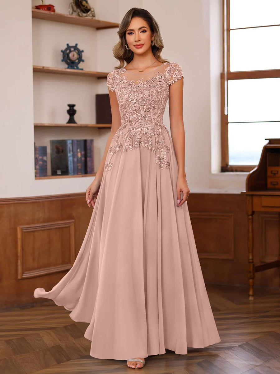 A Line Princess Scoop Neck Short Sleeves Floor Length Mother Of The Bride Dresses With Appliques