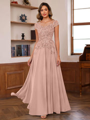 A Line Princess Scoop Neck Short Sleeves Floor Length Mother Of The Bride Dresses With Appliques