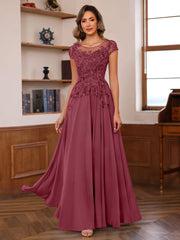 A Line Princess Scoop Neck Short Sleeves Floor Length Mother Of The Bride Dresses With Appliques