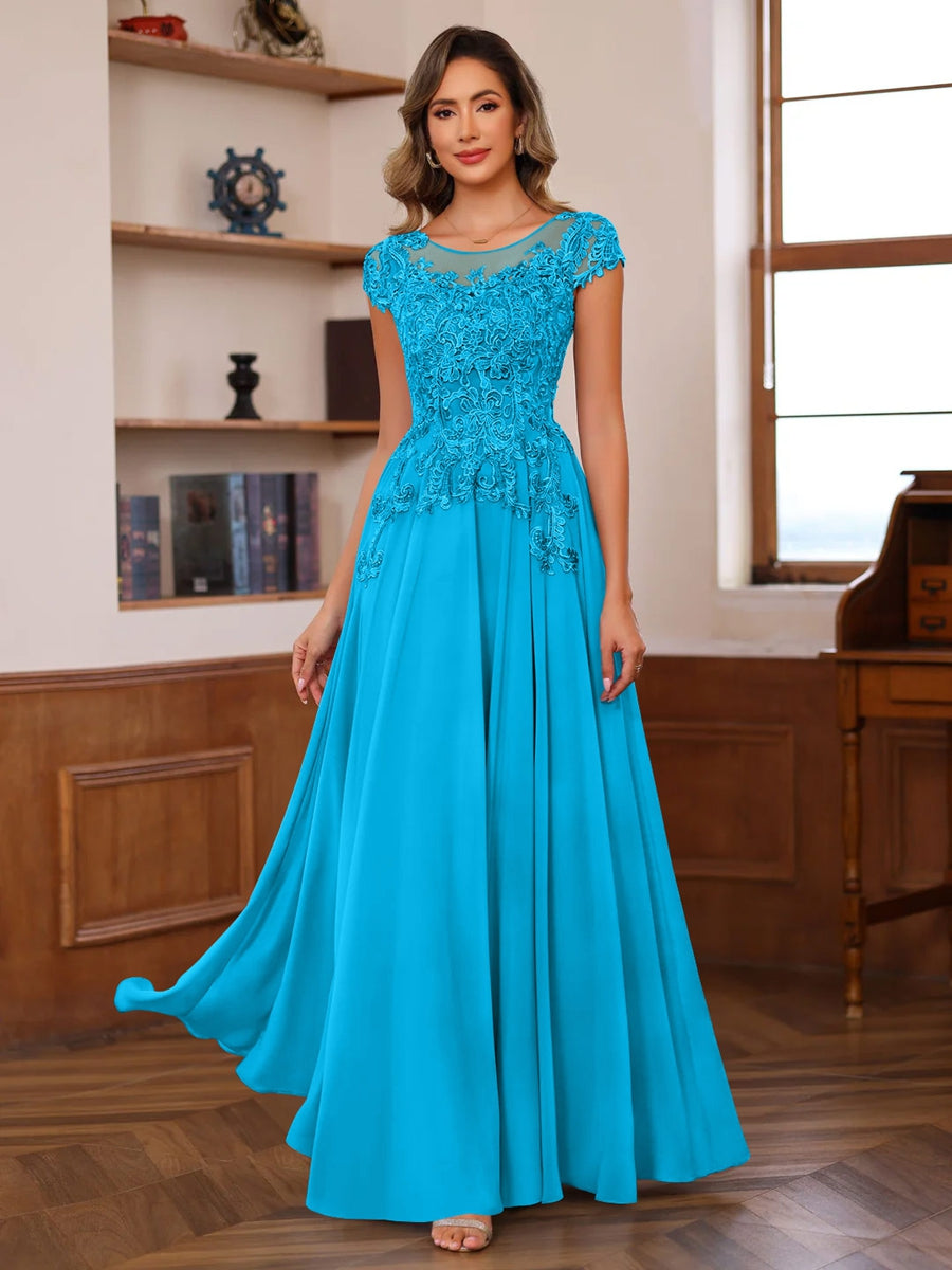 A Line Princess Scoop Neck Short Sleeves Floor Length Mother Of The Bride Dresses With Appliques
