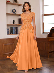 A Line Princess Scoop Neck Short Sleeves Floor Length Mother Of The Bride Dresses With Appliques