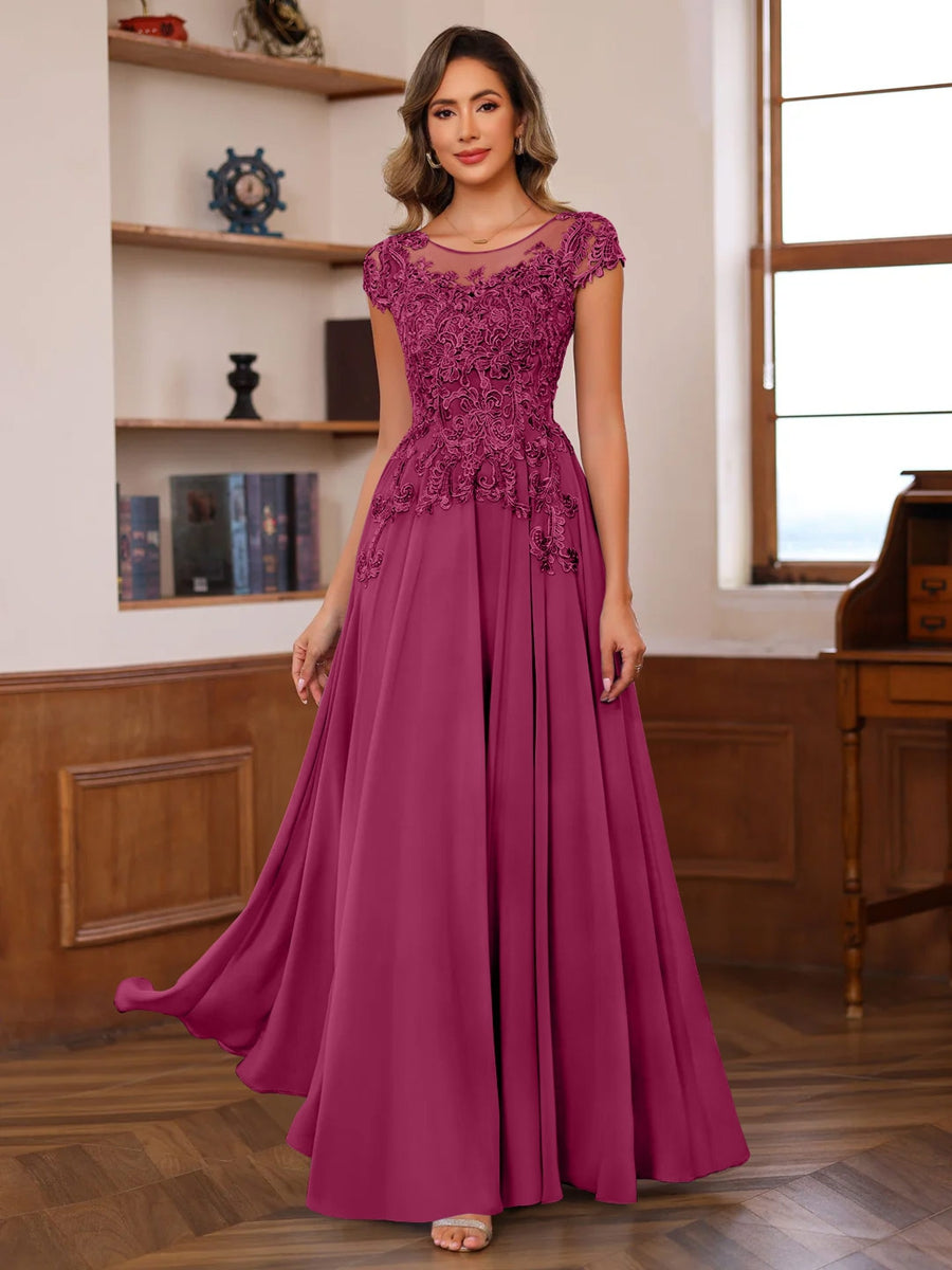 A Line Princess Scoop Neck Short Sleeves Floor Length Mother Of The Bride Dresses With Appliques