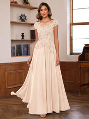 A Line Princess Scoop Neck Short Sleeves Floor Length Mother Of The Bride Dresses With Appliques