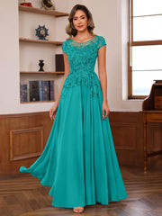 A Line Princess Scoop Neck Short Sleeves Floor Length Mother Of The Bride Dresses With Appliques