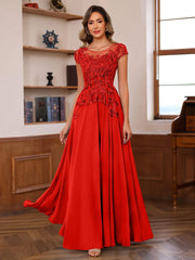 A Line Princess Scoop Neck Short Sleeves Floor Length Mother Of The Bride Dresses With Appliques