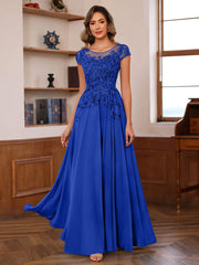 A Line Princess Scoop Neck Short Sleeves Floor Length Mother Of The Bride Dresses With Appliques