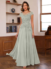 A Line Princess Scoop Neck Short Sleeves Floor Length Mother Of The Bride Dresses With Appliques