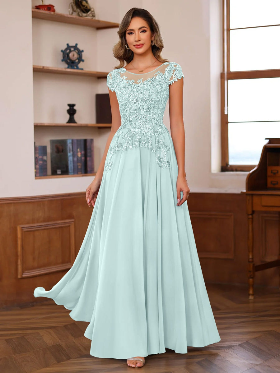 A Line Princess Scoop Neck Short Sleeves Floor Length Mother Of The Bride Dresses With Appliques