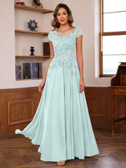 A Line Princess Scoop Neck Short Sleeves Floor Length Mother Of The Bride Dresses With Appliques