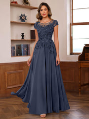 A Line Princess Scoop Neck Short Sleeves Floor Length Mother Of The Bride Dresses With Appliques
