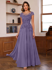 A Line Princess Scoop Neck Short Sleeves Floor Length Mother Of The Bride Dresses With Appliques