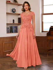 A Line Princess Scoop Neck Short Sleeves Floor Length Mother Of The Bride Dresses With Appliques
