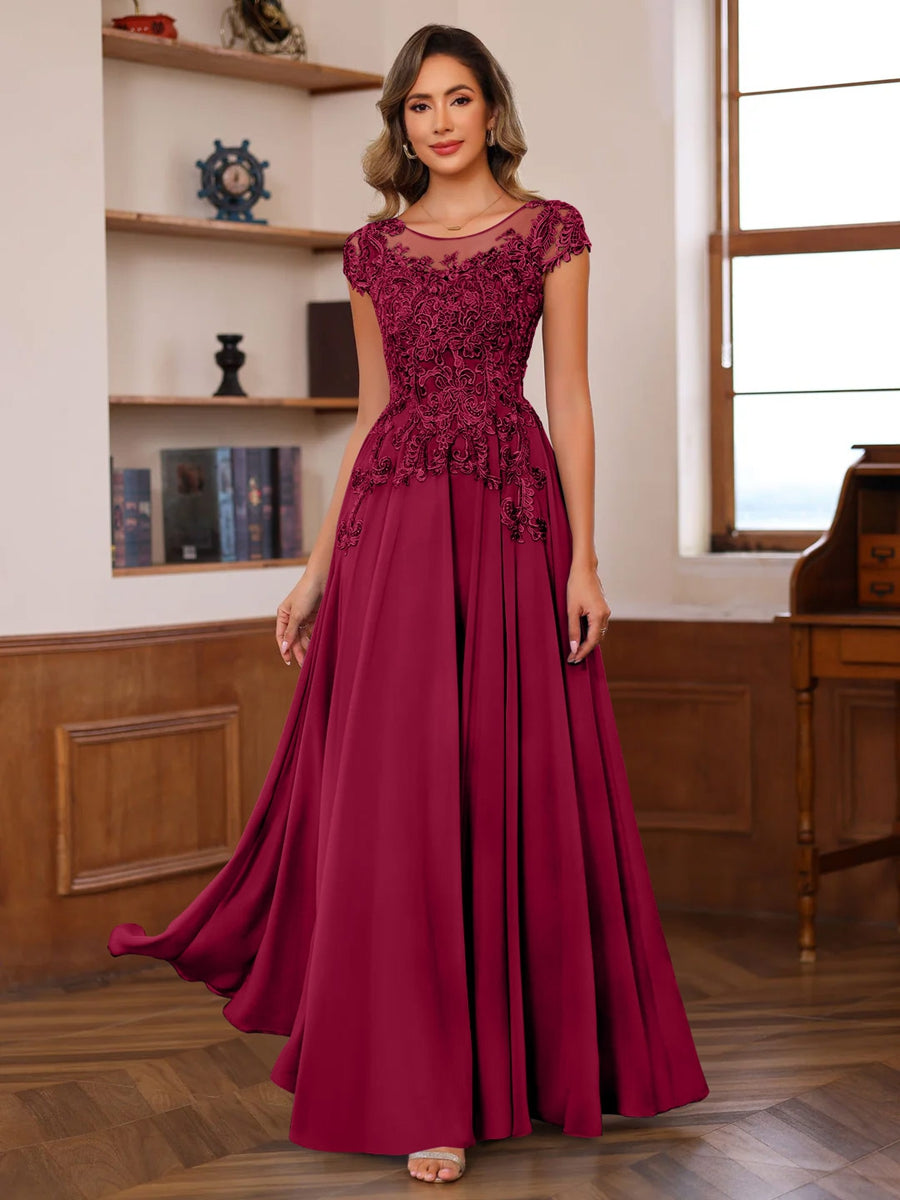 A Line Princess Scoop Neck Short Sleeves Floor Length Mother Of The Bride Dresses With Appliques