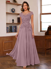 A Line Princess Scoop Neck Short Sleeves Floor Length Mother Of The Bride Dresses With Appliques