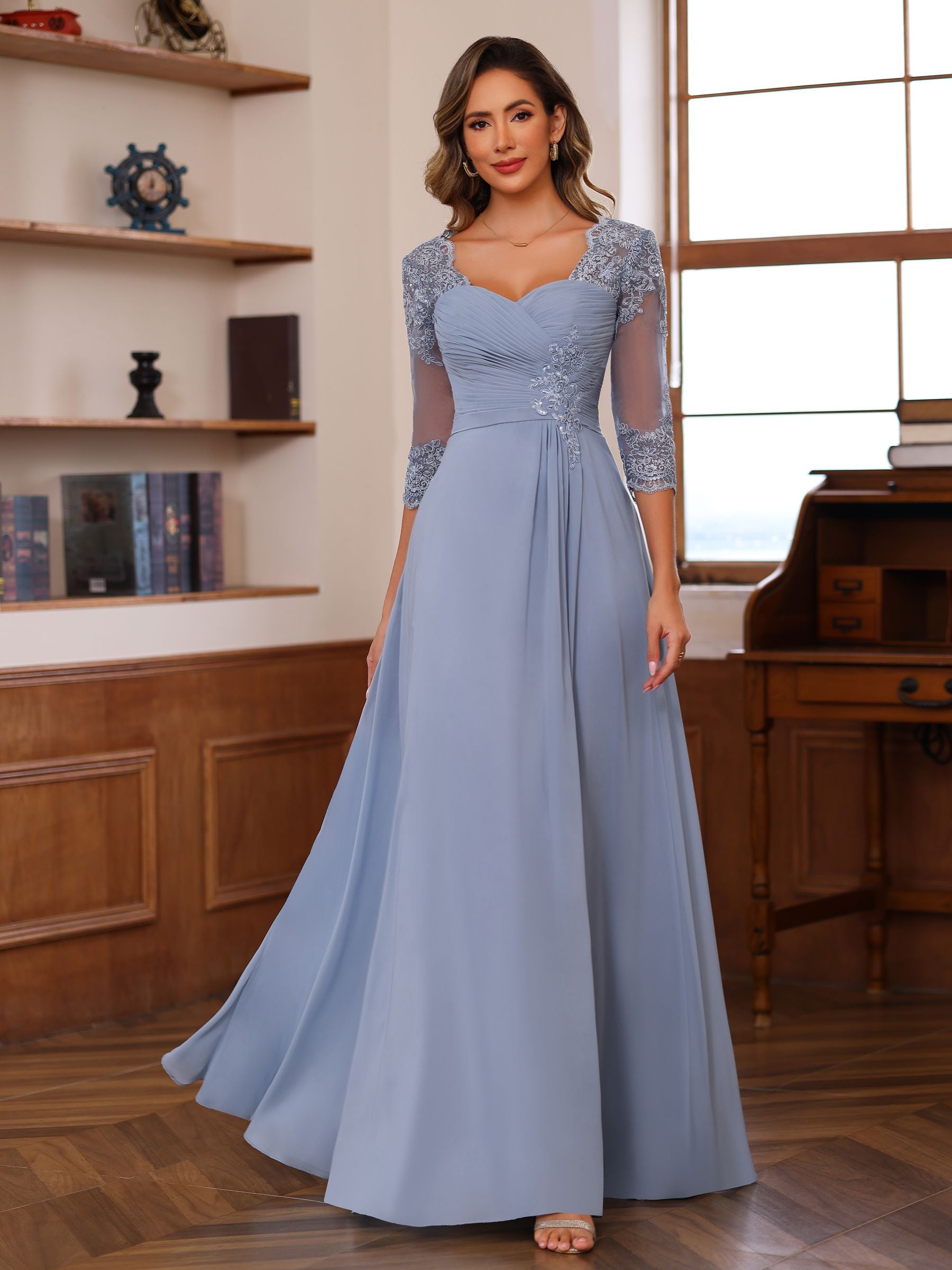 A Line Princess Sweetheart Neck 3 4 Length Sleeves Floor Length Mother Of The Bride Dresses With Lace Ruffles Appliques