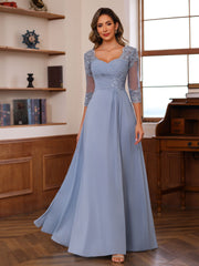 A Line Princess Sweetheart Neck 3 4 Length Sleeves Floor Length Mother Of The Bride Dresses With Lace Ruffles Appliques