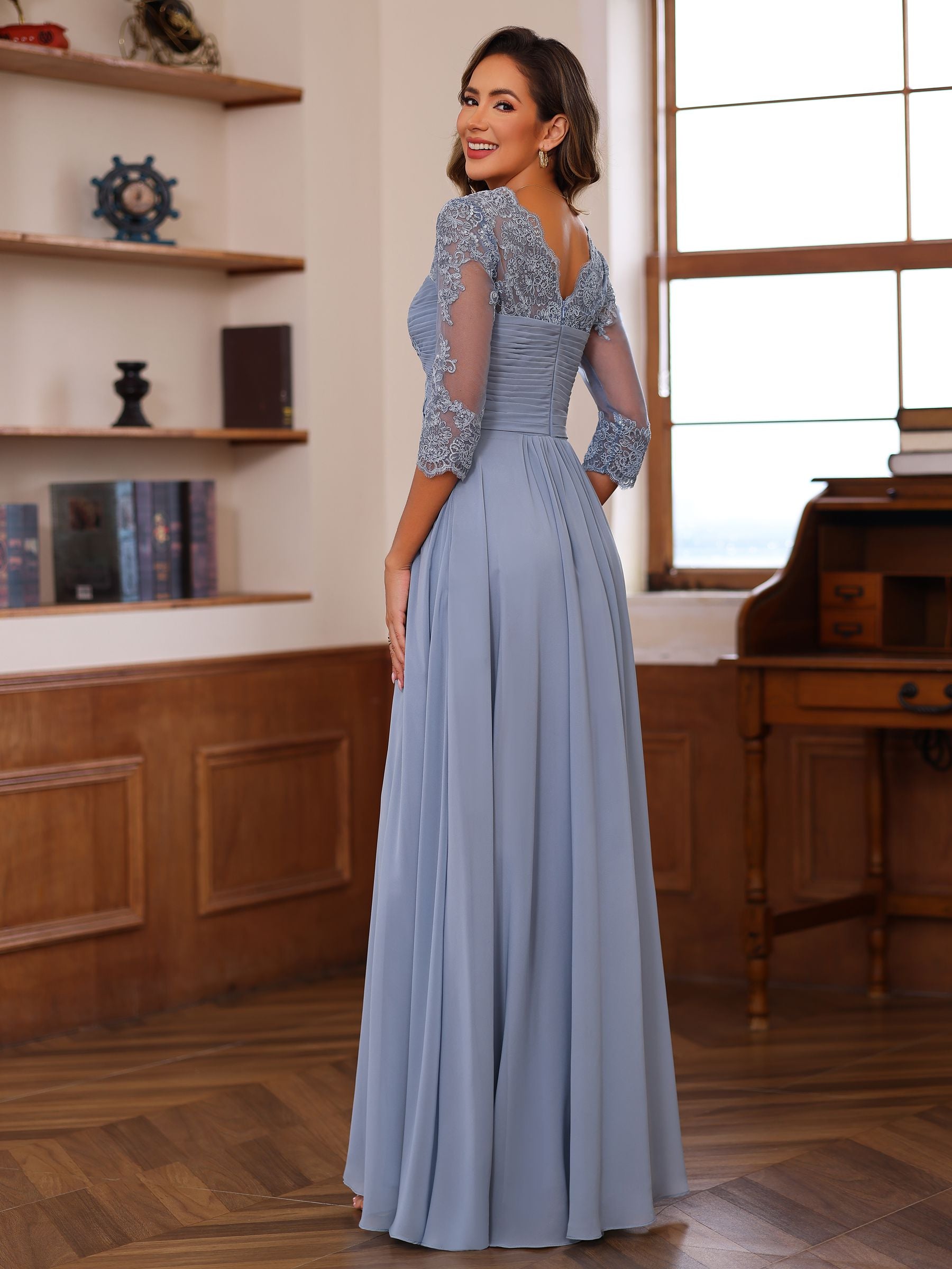 A Line Princess Sweetheart Neck 3 4 Length Sleeves Floor Length Mother Of The Bride Dresses With Lace Ruffles Appliques