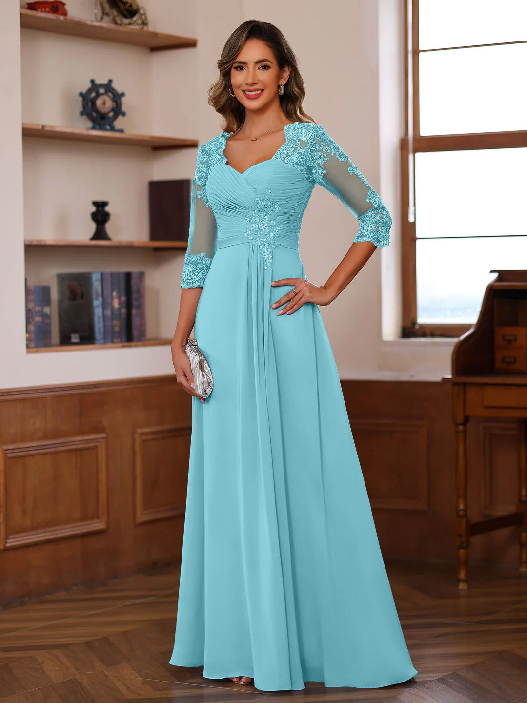 A Line Princess Sweetheart Neck 3 4 Length Sleeves Floor Length Mother Of The Bride Dresses With Lace Ruffles Appliques
