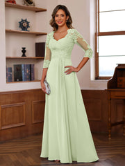 A Line Princess Sweetheart Neck 3 4 Length Sleeves Floor Length Mother Of The Bride Dresses With Lace Ruffles Appliques