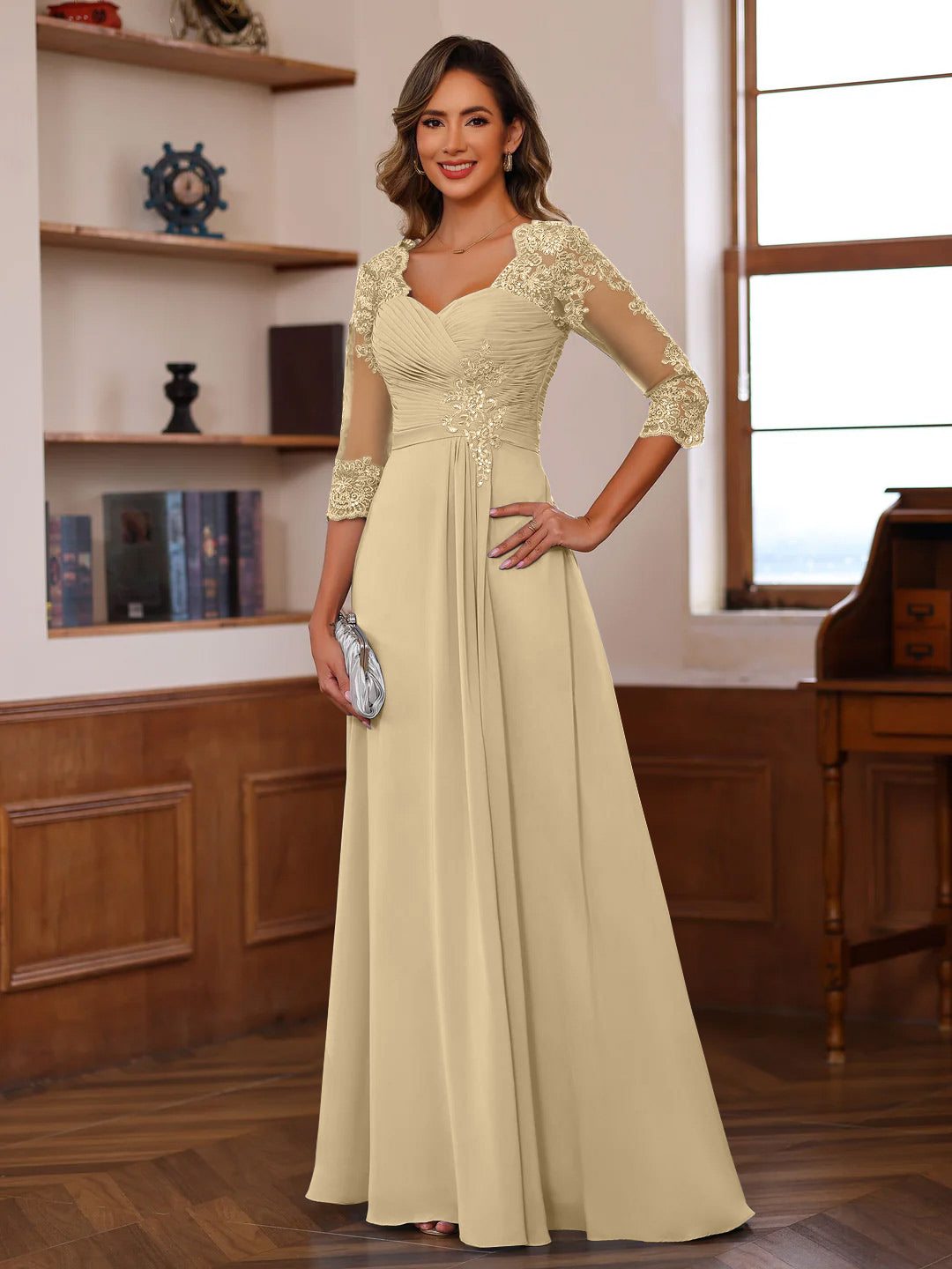 A Line Princess Sweetheart Neck 3 4 Length Sleeves Floor Length Mother Of The Bride Dresses With Lace Ruffles Appliques
