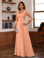 A Line Princess Sweetheart Neck 3 4 Length Sleeves Floor Length Mother Of The Bride Dresses With Lace Ruffles Appliques