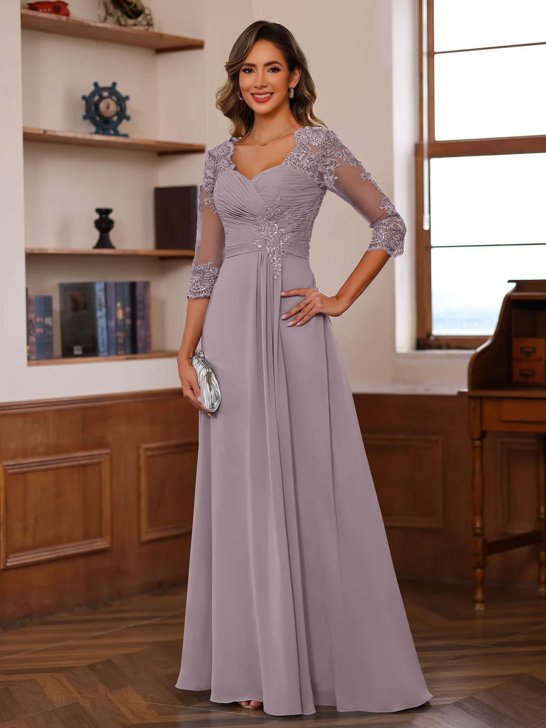 A Line Princess Sweetheart Neck 3 4 Length Sleeves Floor Length Mother Of The Bride Dresses With Lace Ruffles Appliques