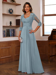 A Line Princess Sweetheart Neck 3 4 Length Sleeves Floor Length Mother Of The Bride Dresses With Lace Ruffles Appliques