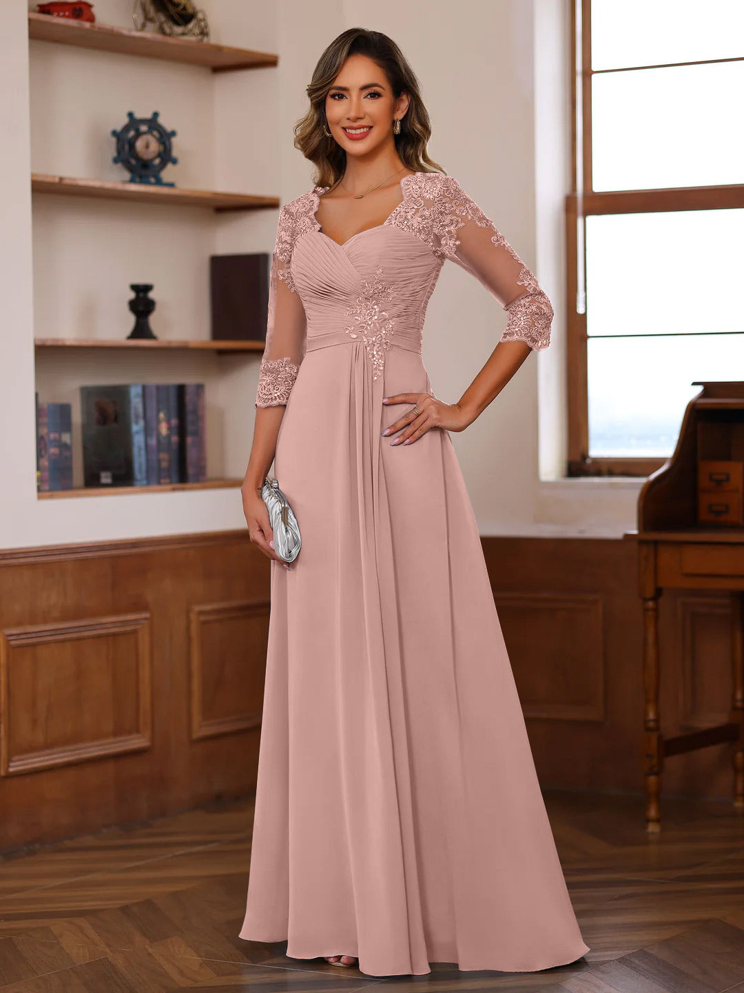 A Line Princess Sweetheart Neck 3 4 Length Sleeves Floor Length Mother Of The Bride Dresses With Lace Ruffles Appliques