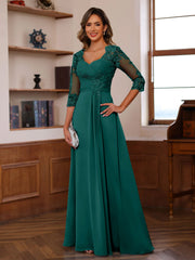 A Line Princess Sweetheart Neck 3 4 Length Sleeves Floor Length Mother Of The Bride Dresses With Lace Ruffles Appliques