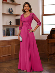 A Line Princess Sweetheart Neck 3 4 Length Sleeves Floor Length Mother Of The Bride Dresses With Lace Ruffles Appliques