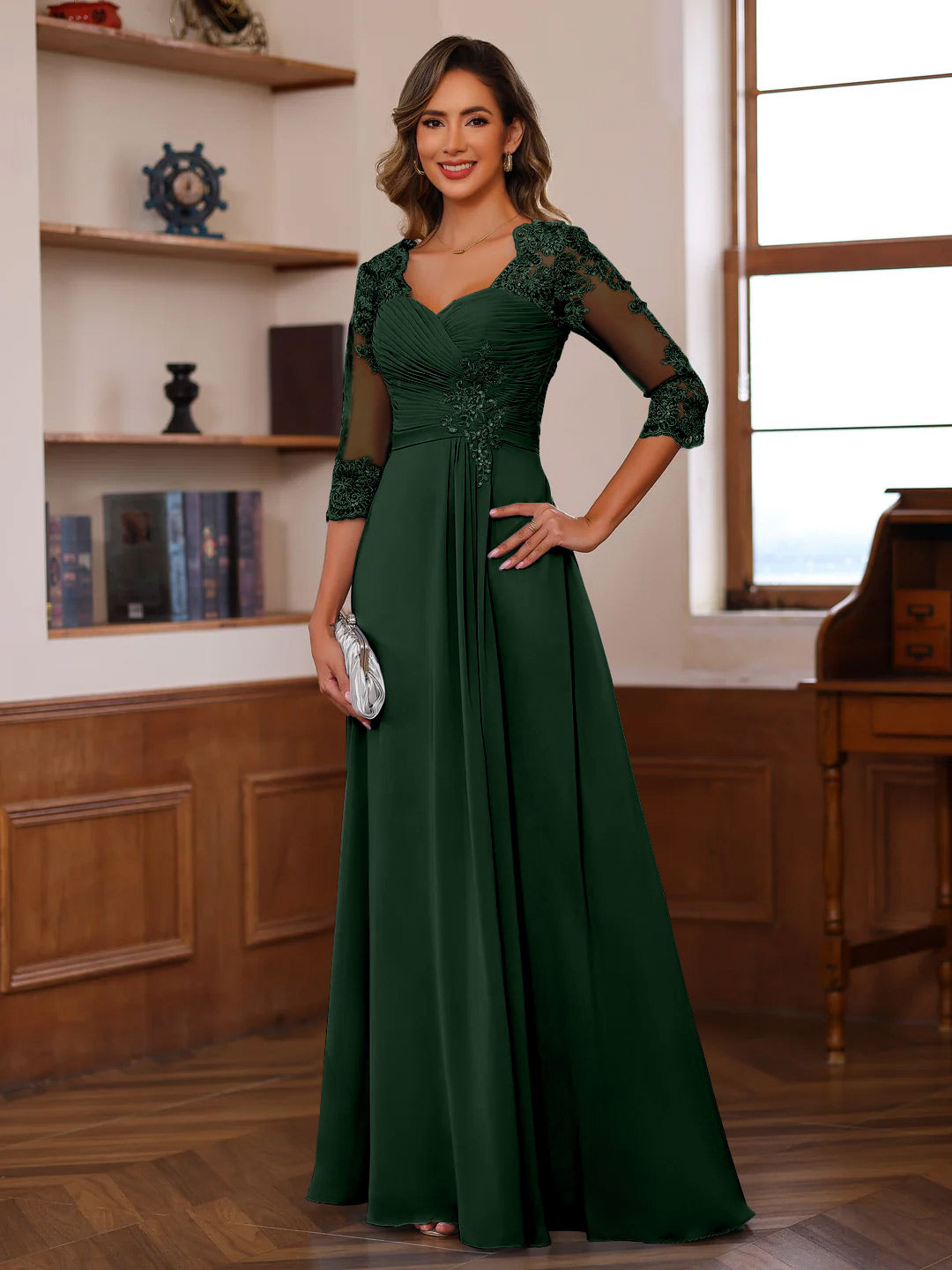 A Line Princess Sweetheart Neck 3 4 Length Sleeves Floor Length Mother Of The Bride Dresses With Lace Ruffles Appliques