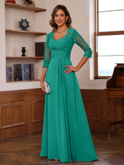 A Line Princess Sweetheart Neck 3 4 Length Sleeves Floor Length Mother Of The Bride Dresses With Lace Ruffles Appliques