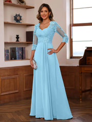 A Line Princess Sweetheart Neck 3 4 Length Sleeves Floor Length Mother Of The Bride Dresses With Lace Ruffles Appliques
