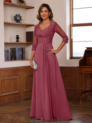 A-Line/Princess Sweetheart Neck 3/4 Length Sleeves Floor-Length Mother Of The Bride Dresses With Lace, Ruffles & Appliques