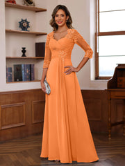 A Line Princess Sweetheart Neck 3 4 Length Sleeves Floor Length Mother Of The Bride Dresses With Lace Ruffles Appliques