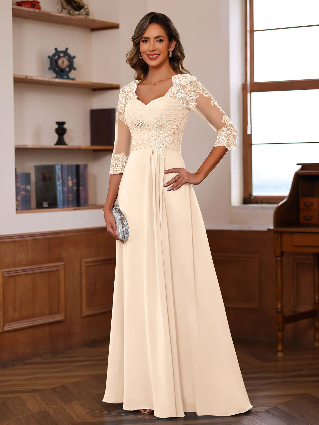 A Line Princess Sweetheart Neck 3 4 Length Sleeves Floor Length Mother Of The Bride Dresses With Lace Ruffles Appliques