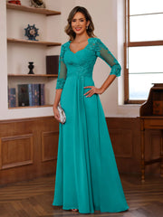 A Line Princess Sweetheart Neck 3 4 Length Sleeves Floor Length Mother Of The Bride Dresses With Lace Ruffles Appliques