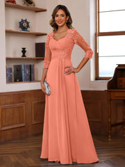 A Line Princess Sweetheart Neck 3 4 Length Sleeves Floor Length Mother Of The Bride Dresses With Lace Ruffles Appliques