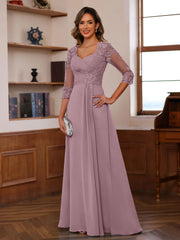 A Line Princess Sweetheart Neck 3 4 Length Sleeves Floor Length Mother Of The Bride Dresses With Lace Ruffles Appliques