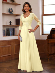 A Line Princess Sweetheart Neck 3 4 Length Sleeves Floor Length Mother Of The Bride Dresses With Lace Ruffles Appliques