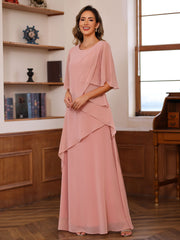 A Line Princess Scoop Neck Half Sleeves Floor Length Mother Of The Bride Dresses With Ruffles