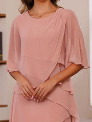 A Line Princess Scoop Neck Half Sleeves Floor Length Mother Of The Bride Dresses With Ruffles